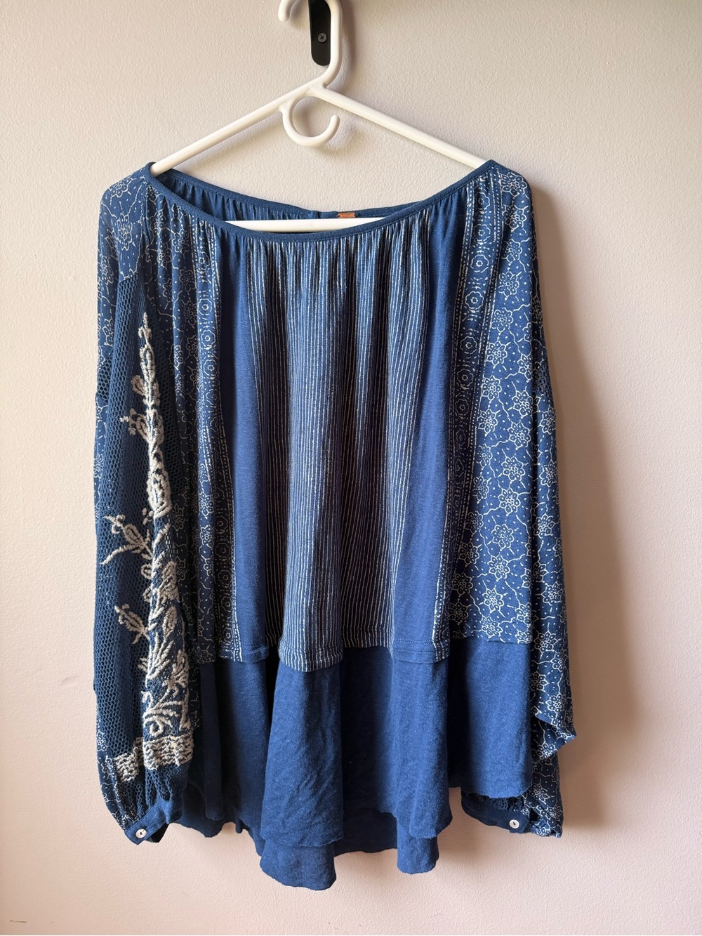 Free People Blue Boho Embroidered Patchwork Top Flowy Cottagecore Peasant Blouse
